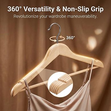 USTECH Slim Plastic Hangers, Wood-Like Design, Non-Slip Notches, 360° Swivel Hook, Pack of 30