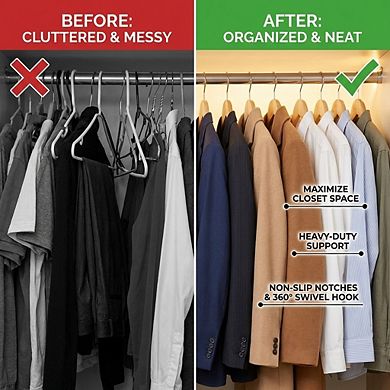 USTECH Slim Plastic Hangers, Wood-Like Design, Non-Slip Notches, 360° Swivel Hook, Pack of 30