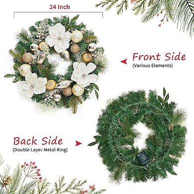 24 in Christmas Wreath for Front Door with Magnolia Flower, Gold Ball Ornamants & 20 LED Lights