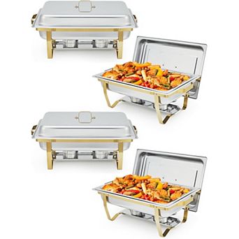 Chafing Dish Buffet Set 4 Pack, 8-qt Rectangular Food Warmers Set with Lid & Foldable Frame, Gold