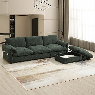 Whisen Chenille Sectional Sofa with Storage Ottoman & Pockets, Phone Holder & Charging Ports