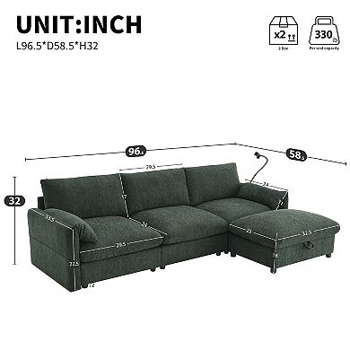 Whisen Chenille Sectional Sofa with Storage Ottoman & Pockets, Phone Holder & Charging Ports