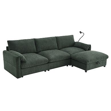 Whisen Chenille Sectional Sofa with Storage Ottoman & Pockets, Phone Holder & Charging Ports