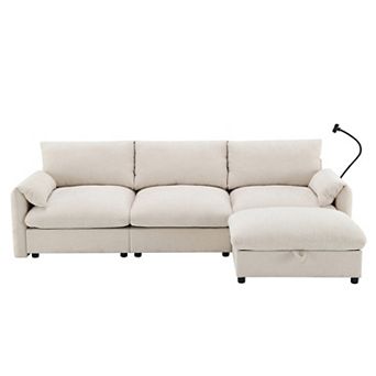 Whisen Chenille Sectional Sofa with Storage Ottoman & Pockets, Phone Holder & Charging Ports