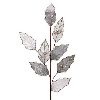 30" Glittered Silver Leaf and Berry Spray - Christmas Decor