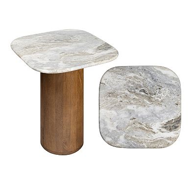 Kaito 18" Rustic Minimalist Round Marble/Wood Accent Table