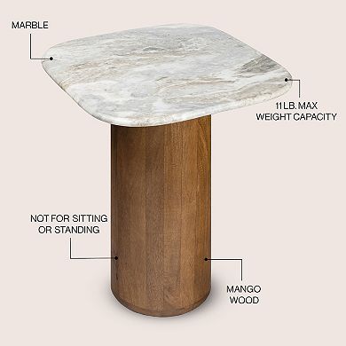 Kaito 18" Rustic Minimalist Round Marble/Wood Accent Table