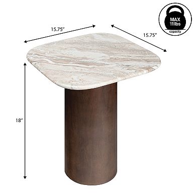 Kaito 18" Rustic Minimalist Round Marble/Wood Accent Table
