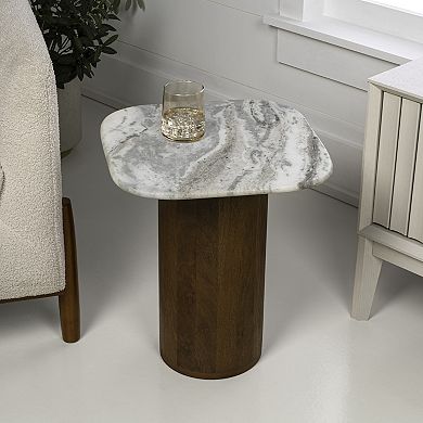 Kaito 18" Rustic Minimalist Round Marble/Wood Accent Table