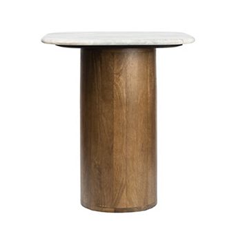 Kaito 18" Rustic Minimalist Round Marble/Wood Accent Table