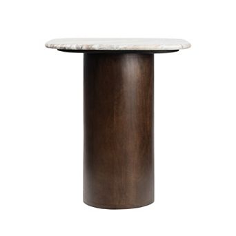 Kaito 18" Rustic Minimalist Round Marble/Wood Accent Table