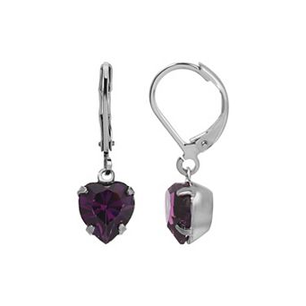 1928 Silver Tone Purple Crystal Heart Leverback Earrings