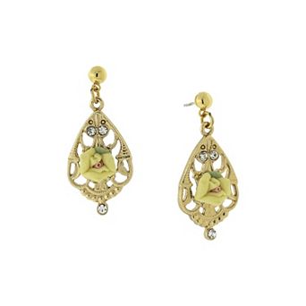 1928 Gold Tone Yellow Porcelain Rose & Crystal Accent Filigree Drop Earrings
