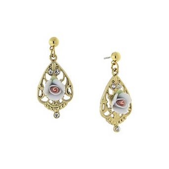 1928 Gold Tone White Porcelain Rose & Crystal Accent Filigree Drop Earrings
