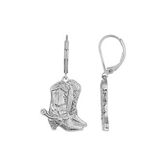 1928 Silver Tone Western Boots Drop Earrings