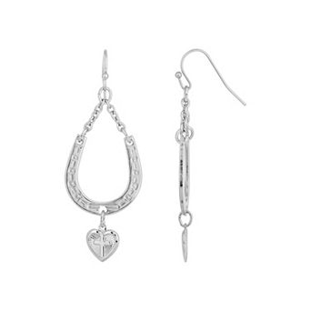 1928 Silver Tone Horseshoe & Heart with Cross Drop Earrings