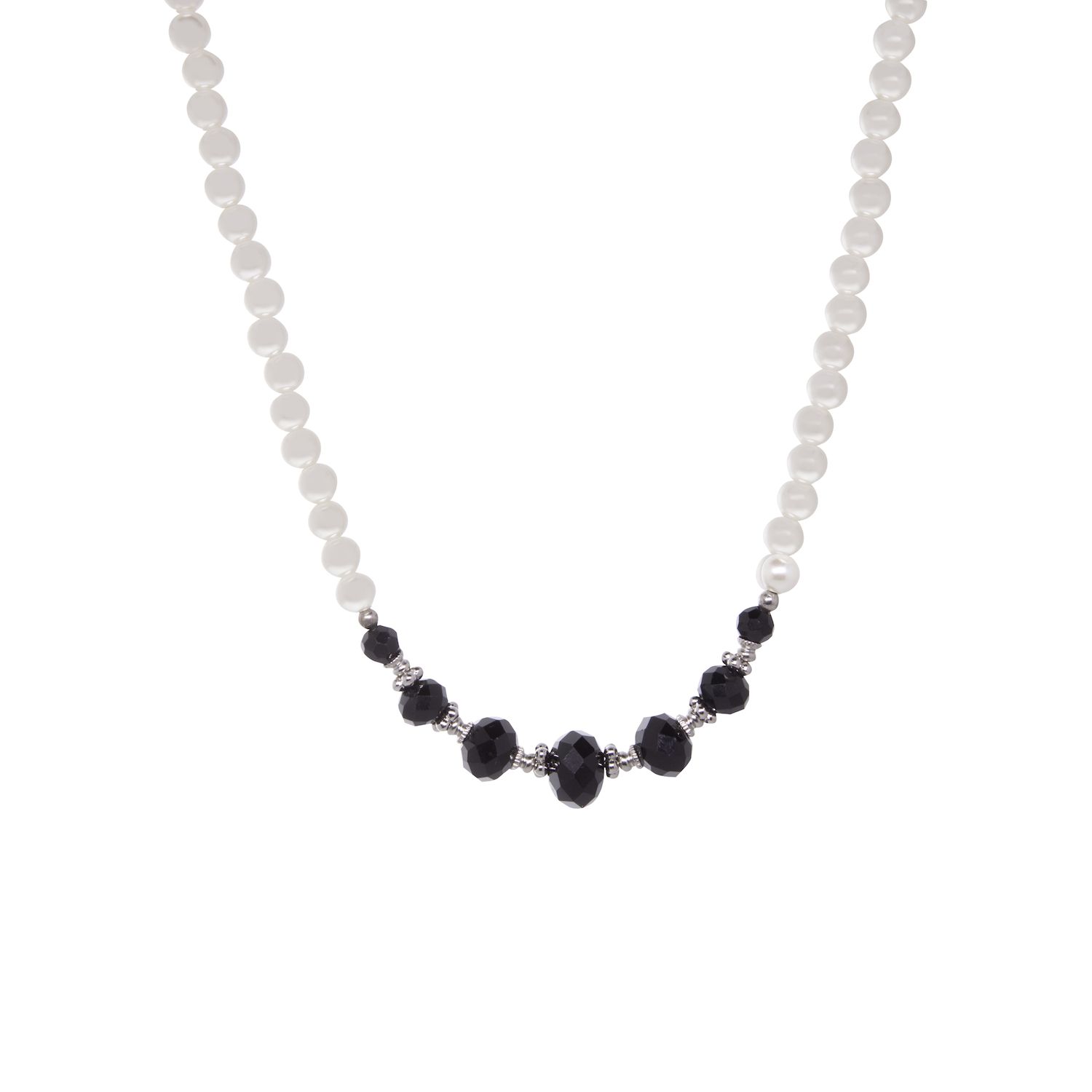 Handmade 7-Row Multi-Strand Pearl & Onyx Necklace - 18 Inches, White & Black