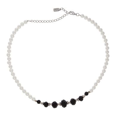 1928 Silver Tone Adjustable Simulated Pearl & Black Crystal Necklace