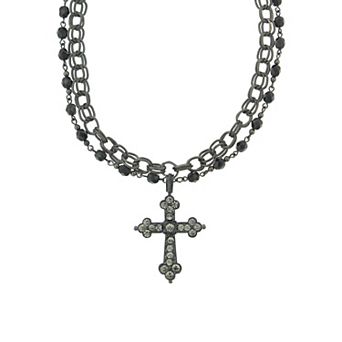 1928 Beaded Chain Crystal Cross Pendant Necklace