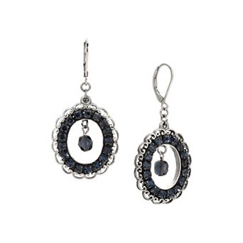 1928 Silver Tone Blue Crystal Round Earrings