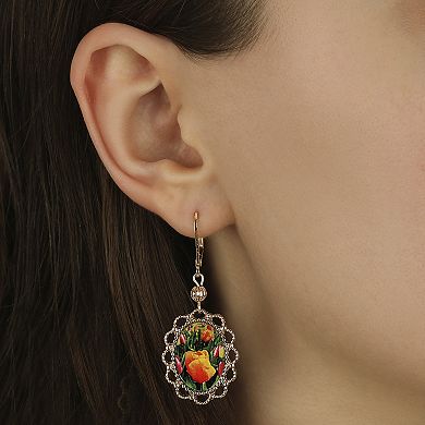 1928 Gold Tone Oval Tulip Decal Earrings