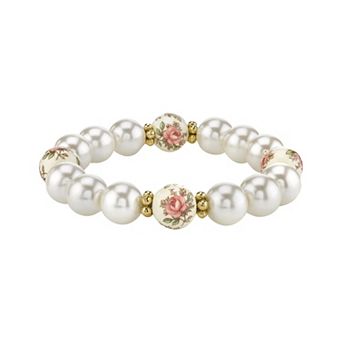 1928 Gold Tone Simulated Pearl & Floral Beaded Stretch Bracelet