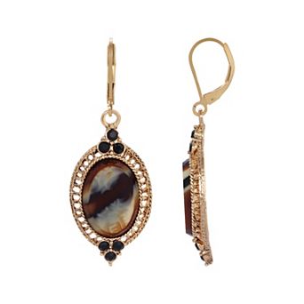 1928 Gold Tone Oval Glass Tiger Earrings