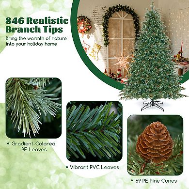 Costway 6/7/8 FT Artificial Christmas Tree with 590 Branch Tips 240/340/410 Warm White LED Lights