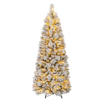 Costway 6/7 FT Flocked Christmas Tree with Pine Needles 517/680 Branch Tips 170/200 LED Lights