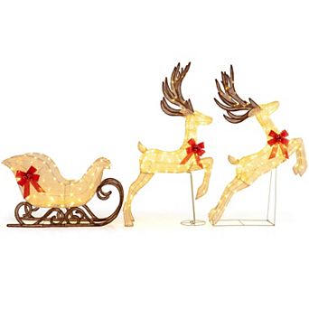 Costway 3 pc Christmas Lighted Reindeer Sleigh Set with 280 White LED Lights Ground Stakes