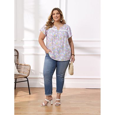 Plus Size Summer Tops for Women Floral Printed Notch Neck Lace Trim Ruffle Sleeve Casual Blouse Top