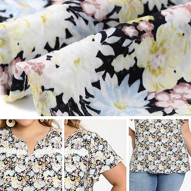 Plus Size Summer Tops for Women Floral Printed Notch Neck Lace Trim Ruffle Sleeve Casual Blouse Top