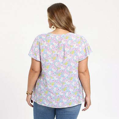 Plus Size Summer Tops for Women Floral Printed Notch Neck Lace Trim Ruffle Sleeve Casual Blouse Top