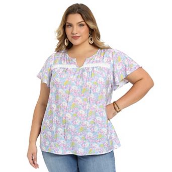 Plus Size Summer Tops for Women Floral Printed Notch Neck Lace Trim Ruffle Sleeve Casual Blouse Top