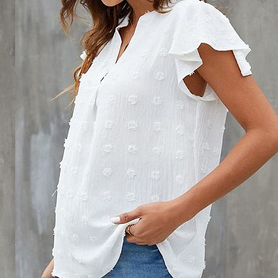 Womens White Blouse V Neck Ruffle Sleeve Flowy Shirts Dressy Casual Cute Summer Tops
