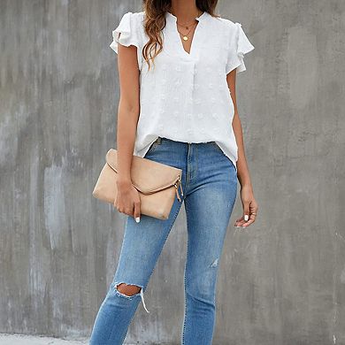 Womens White Blouse V Neck Ruffle Sleeve Flowy Shirts Dressy Casual Cute Summer Tops