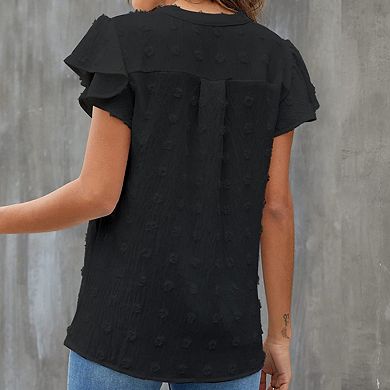 Womens White Blouse V Neck Ruffle Sleeve Flowy Shirts Dressy Casual Cute Summer Tops