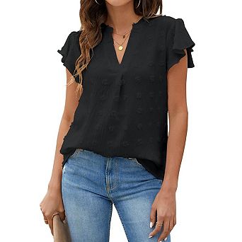 Womens White Blouse V Neck Ruffle Sleeve Flowy Shirts Dressy Casual Cute Summer Tops