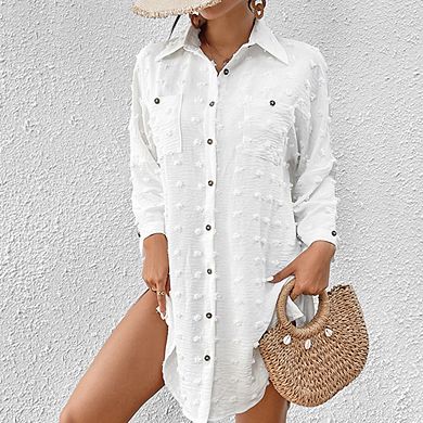 Womens Swimsuit Cover Up Blouse Button Down Shirt Coverup Drawstring Beach Dresses Swiss Dot Tops