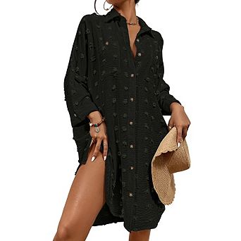 Womens Swimsuit Cover Up Blouse Button Down Shirt Coverup Drawstring Beach Dresses Swiss Dot Tops