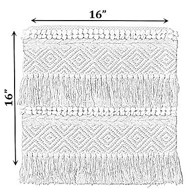 Handwoven Cotton Throw Pillow Cover, Embossed White Dots and Natural Fringed Pattern, with Filler