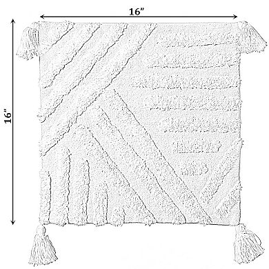 Handwoven Cotton Throw Pillow Cover with White Tufted Line Pattern and Tassel Corners, with Filler