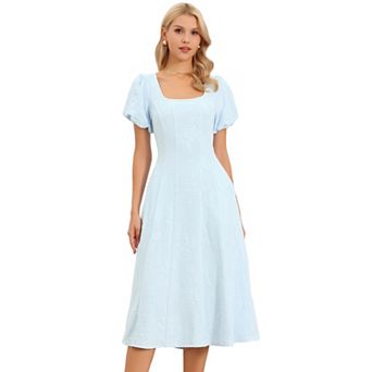 Midi Dress for Women's Summer Square Neck Short Puffy Sleeve Casual A Line Jacquard Floral Dresses