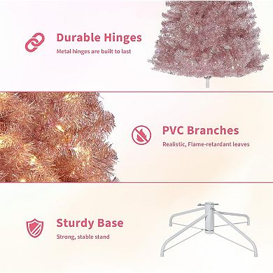 7.5Ft Rose Gold Tinsel Tree - 450 Warm White LEDs, 1180 Tips