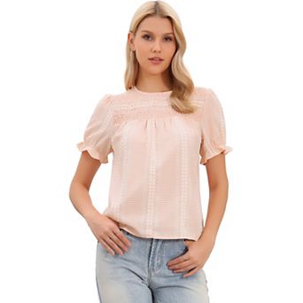 Gingham Peplum Tops for Women's Smocked Short Puffy Sleeve Crew Neck Summer Cute Plaid Blouses