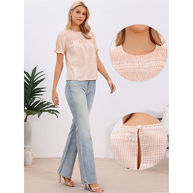 Gingham Peplum Tops for Women's Smocked Short Puffy Sleeve Crew Neck Summer Cute Plaid Blouses