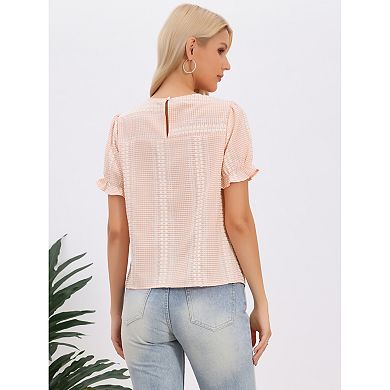 Gingham Peplum Tops for Women's Smocked Short Puffy Sleeve Crew Neck Summer Cute Plaid Blouses