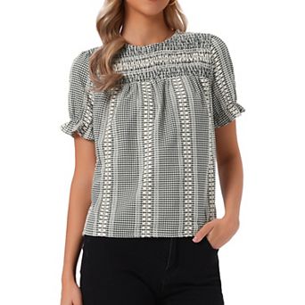 Gingham Peplum Tops for Women's Smocked Short Puffy Sleeve Crew Neck Summer Cute Plaid Blouses