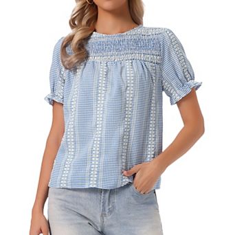 Gingham Peplum Tops for Women's Smocked Short Puffy Sleeve Crew Neck Summer Cute Plaid Blouses