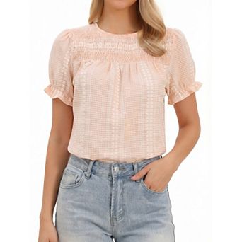 Gingham Peplum Tops for Women's Smocked Short Puffy Sleeve Crew Neck Summer Cute Plaid Blouses